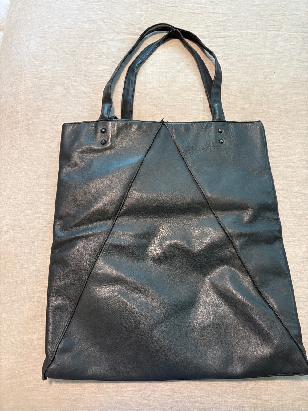 Long Classic Black Leather Tote Bag - Structured Travel Tote